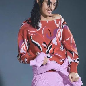 Anthropologie Maeve Red Floral Orange Boat Neck Thick Sweater XS